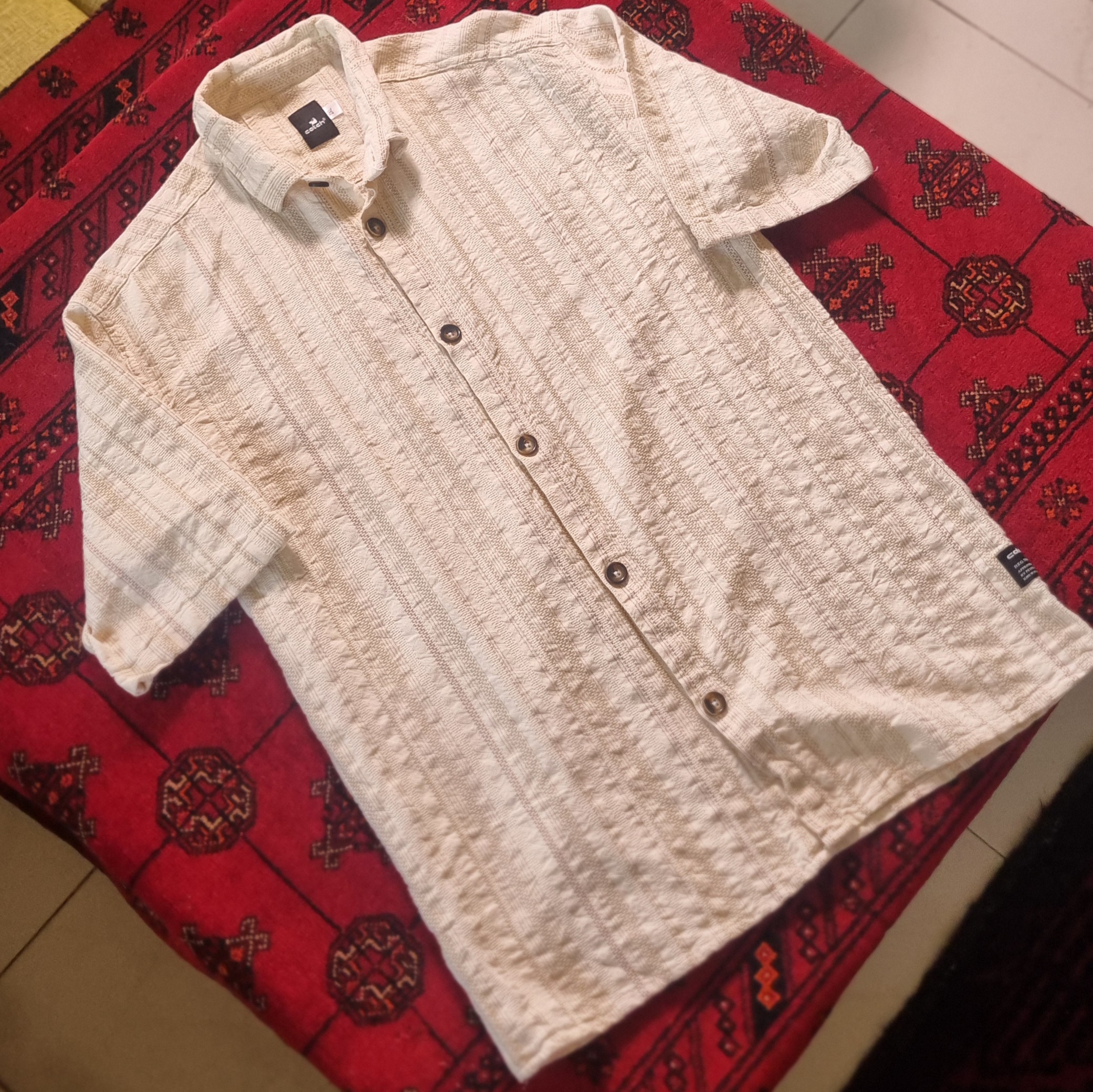 پیرهن آستین کوتاه راه راه کرم و قهوه ای برند Catch