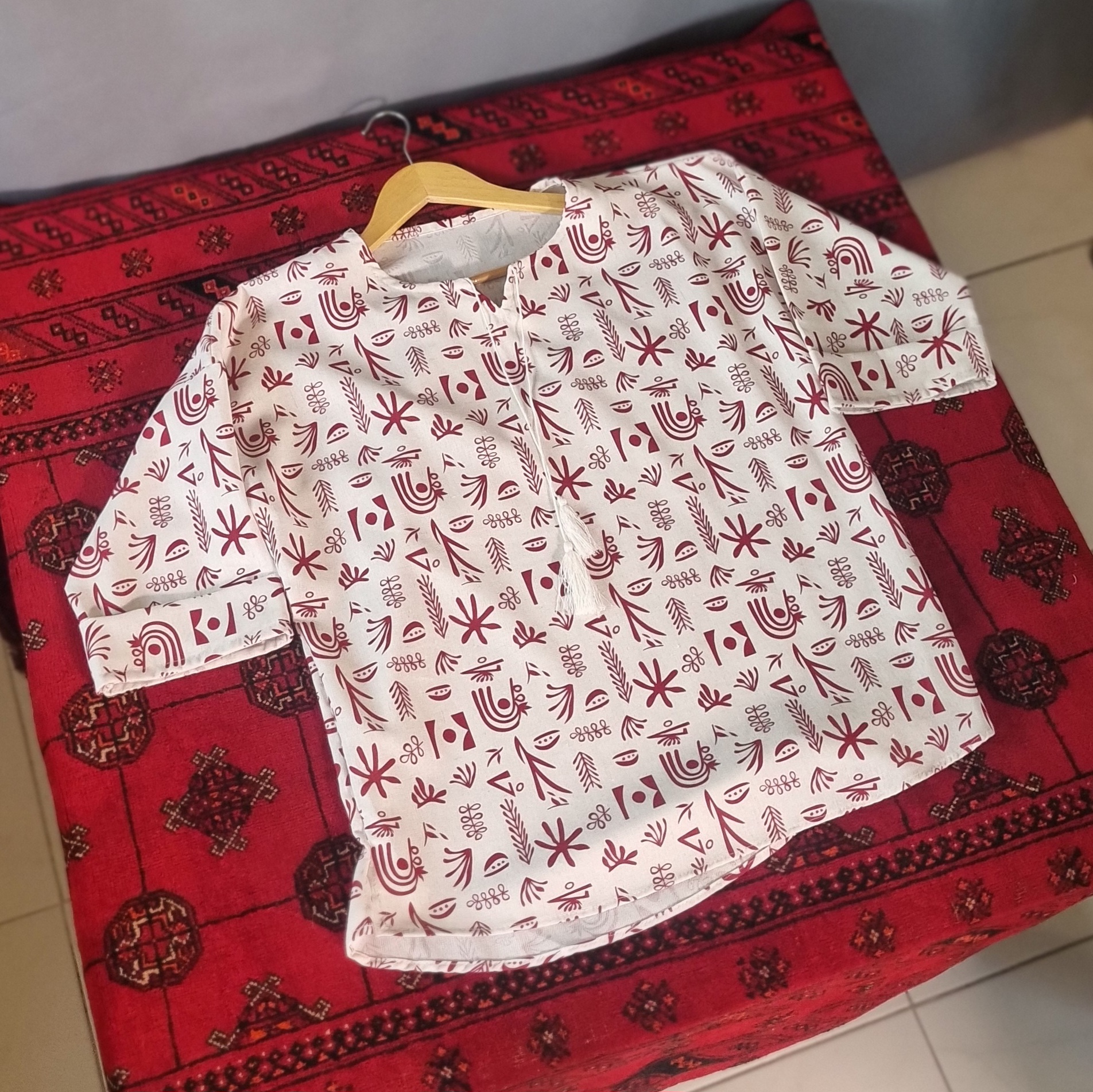 پیراهن آستین کوتاه ساحلی تترون سرخ طرح بوهو