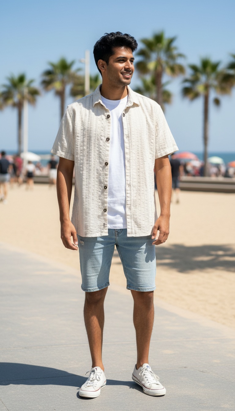 پیراهن آستین کوتاه راه راه کرم و طوسی برند Catch