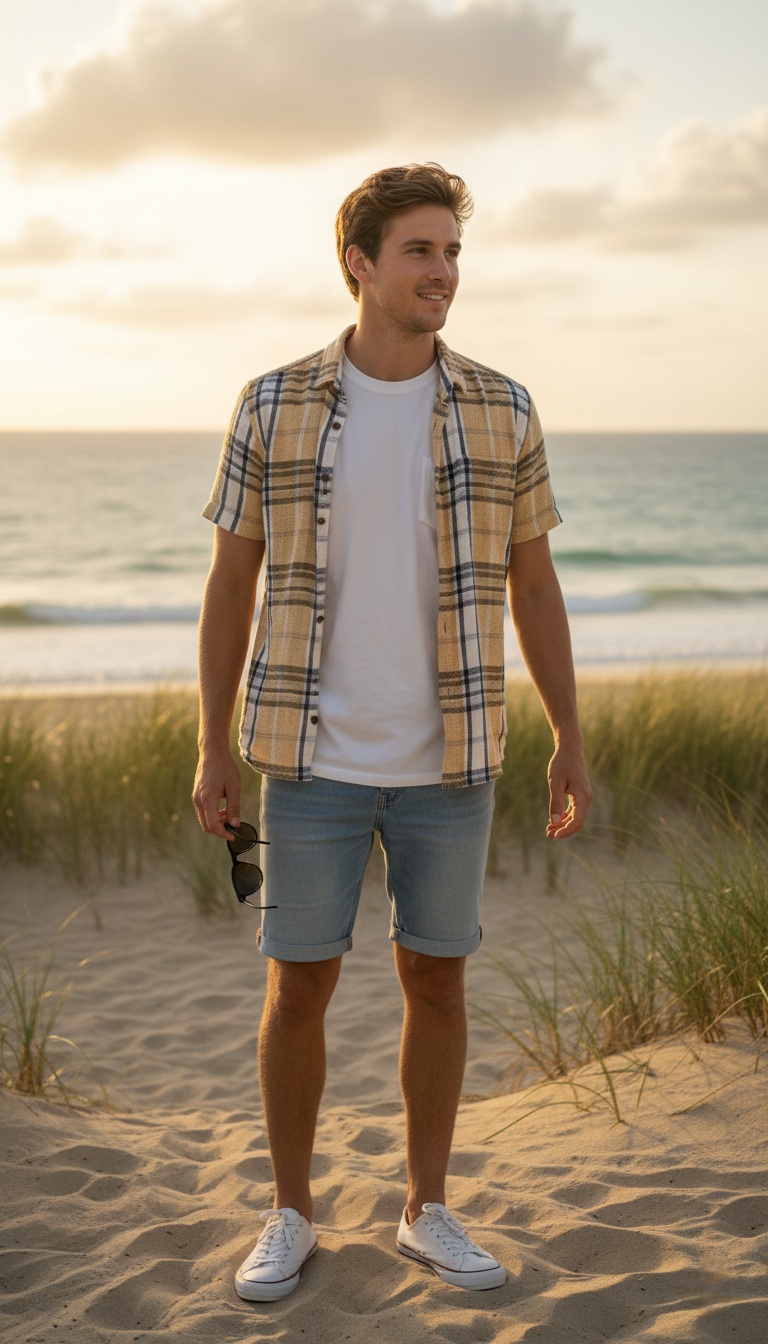 پیراهن آستین کوتاه چهارخانه بژ و سرمه ای برند Catch