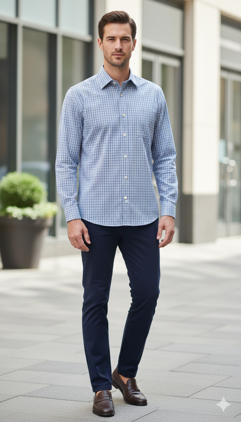 پیراهن آستین بلند چهارخانه سرمه ای آبی برند Stafford