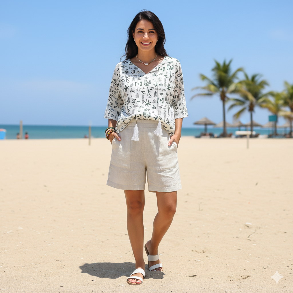 پیراهن آستین کوتاه ساحلی تترون سبز طرح بوهو