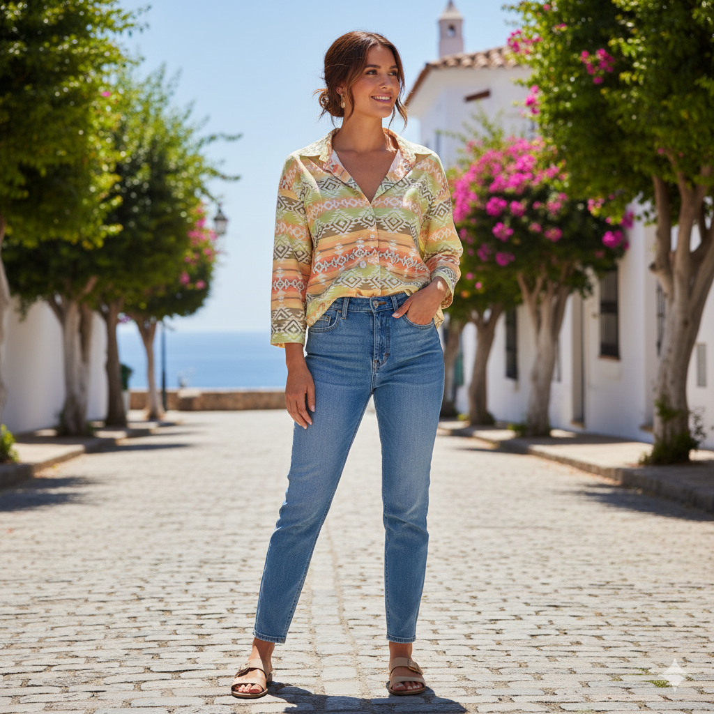 شومیز زنانه چند رنگ لیمویی نارنجی طرح بومی سرخپوست برند Zara